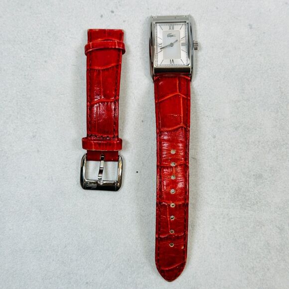 Lacoste Accessories - Lacoste Watch Womens 24mm Silver Tone Red Leather Strap New Battery FLAWED READ